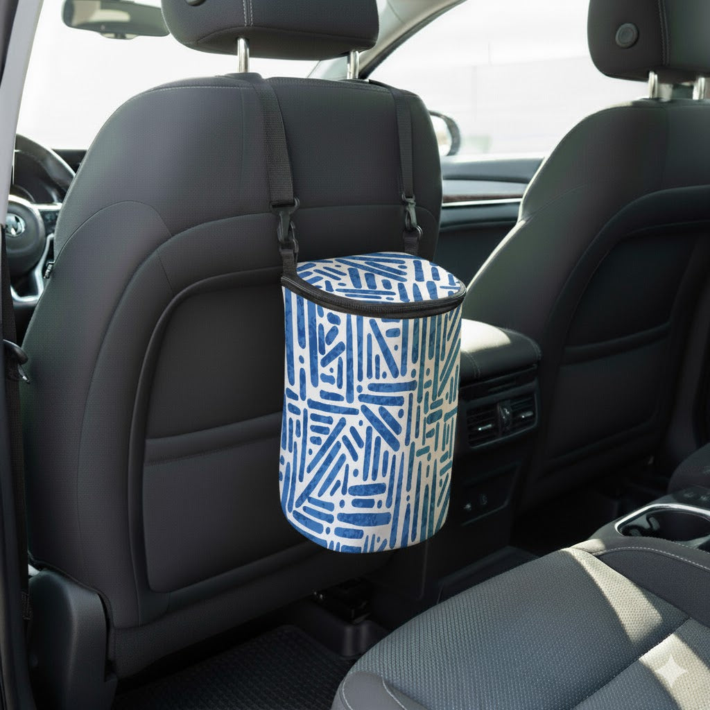 Pattern Blue White Car Trash Bin